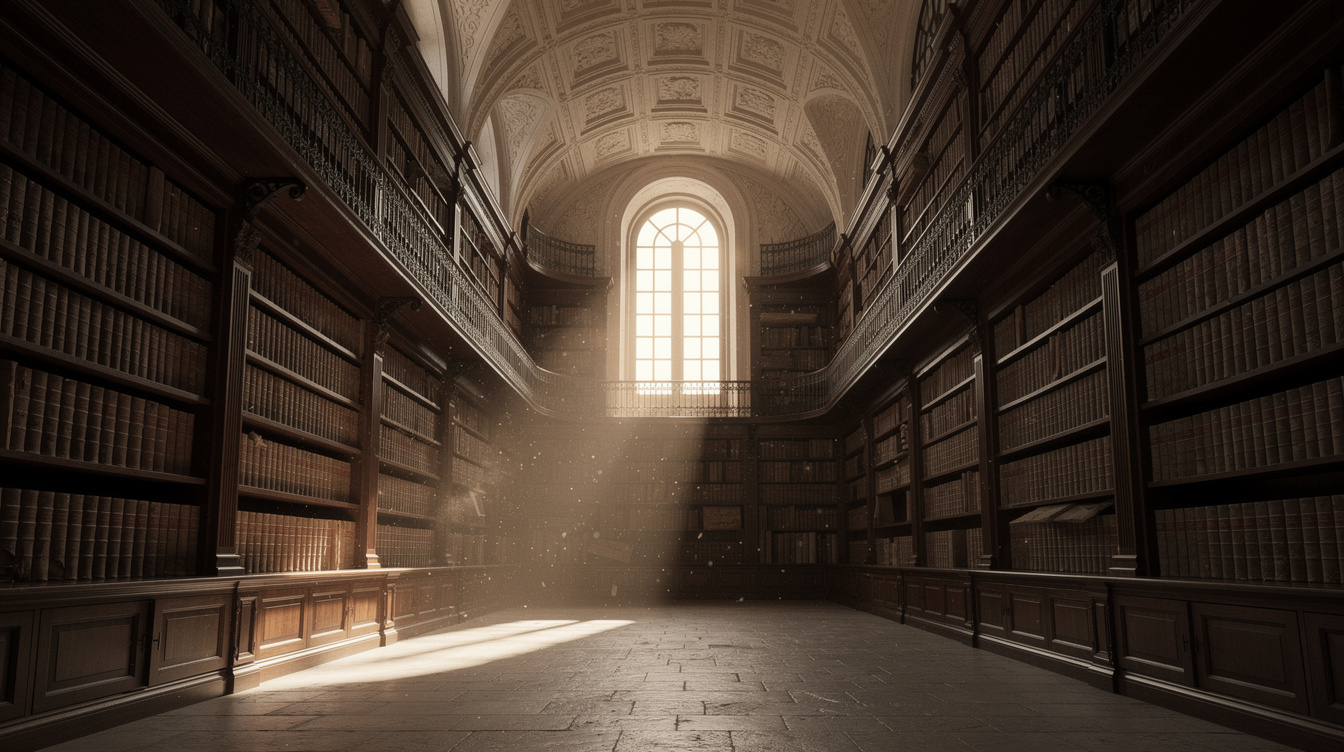 Sonnenlicht fällt durch hohe Archivregale voller alter Bücher